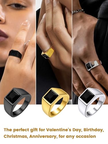 KeyStyle Square Gemstone Signet Rings for Men, Personalized Stainless Steel Pinky Ring with Black Onxy Blue Topaz Birthstone Statement Ring - color: 316L Stainless Steel-Black Onyx-8mm