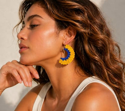 Handmade Crochet Sunrise Hoop Earrings with Soft Yellow Fringe, Lightweight Half-Circle Boho Statement Earrings, 925 Sterling Silver Hooks – KnitAra Sunlit Crescent