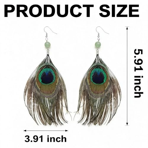 Feather Earrings for Women, Sterling Silver Hook Boho Style Peacock Long Feather Jewelry - color: Peacock Feather-1