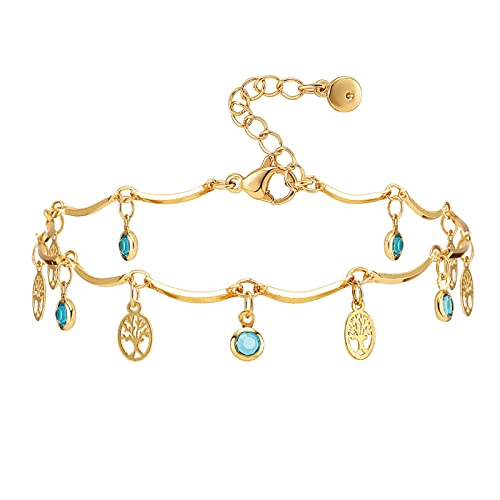 Ankle Bracelets for Women 18K Gold Plated Anklet for Women Gold Charm Anklet Waterproof Summer Beach Foot Chain Jewelry Gifts - style: Tree of Life and Crystal