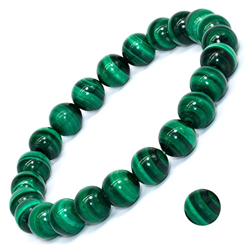 8mm Natural Crystal Stretch Bracelet | Handmade Round Stone Bead Bracelet, Runs Large, Meditation Yoga Gift for Women & Men - color: Malachite