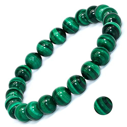 8mm Natural Crystal Stretch Bracelet | Handmade Round Stone Bead Bracelet, Runs Large, Meditation Yoga Gift for Women & Men - color: Malachite