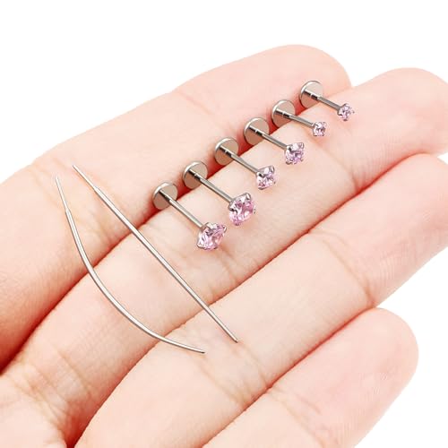 F136 Titanium 20/18/16G Earrings Nose Lip Rings Medusa Tragus Cartilage Helix Labret Flat Back Threadless Implant Grade Stud Piercing Jewelry for Women - color: Pink CZ, size: 20g*6/7/8mm*2/3/4mm