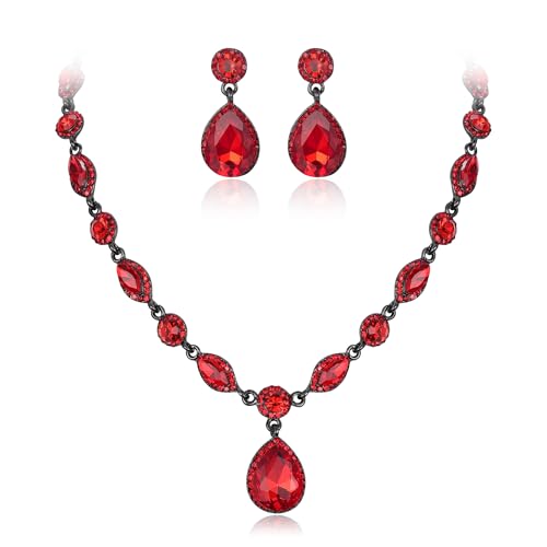 EleQueen Women's Teardrop Necklace Earrings Jewellery Set for Party Prom | Wedding Bridal Costume Jewelry Set for Brides Bridesmaids, Crystal Teardrop Necklace Dangle Earrings - color: Ruby Color Black-Tone