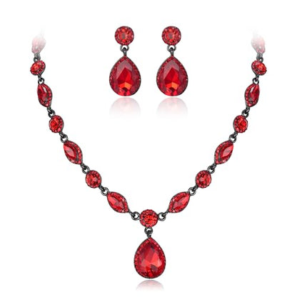 EleQueen Women's Teardrop Necklace Earrings Jewellery Set for Party Prom | Wedding Bridal Costume Jewelry Set for Brides Bridesmaids, Crystal Teardrop Necklace Dangle Earrings - color: Ruby Color Black-Tone
