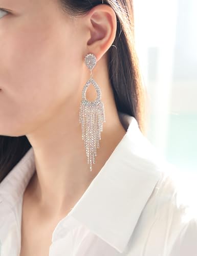 BaubleStar Rhinestone Teardrop with Long Tassel Earrings Sparkly Dangle Earrings for Women - color: Gold