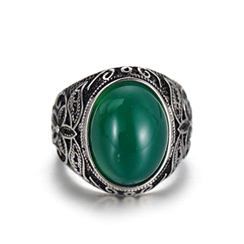 Retro Unisex Stainless Steel Oval Gemstone Hollow Flower Carved Signet Ring - color: Silver-Green