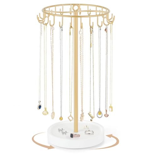Mkono Rotating Necklace Holder, Gold Jewelry Display Rack Organizer Stand | 360° Rotation Tree Tower, 22 Hooks Hanging, Storage for Bracelets Keychains, Home Bedroom Dressing Table Decor,Women Gifts