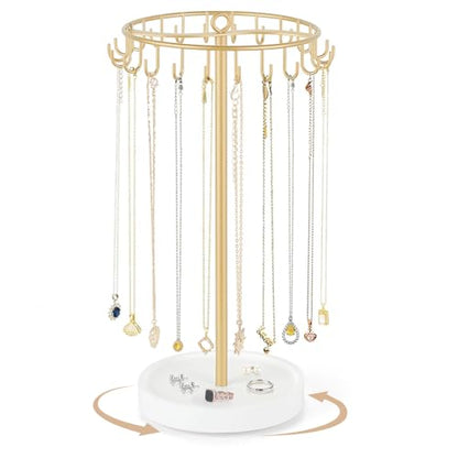 Mkono Rotating Necklace Holder, Gold Jewelry Display Rack Organizer Stand | 360° Rotation Tree Tower, 22 Hooks Hanging, Storage for Bracelets Keychains, Home Bedroom Dressing Table Decor,Women Gifts