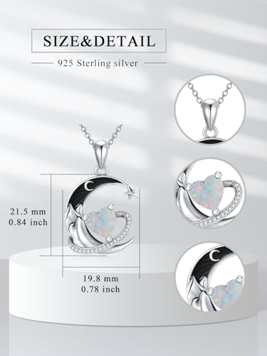 I Love You to the Moon and Back Necklace 925 Sterling Silver Black Crescent Moon Star Pendant with Heart Birthstone Necklace Anniversary Gothic Jewelry Gifts for Women Wife Lovers - color: 10-Oct-Opal