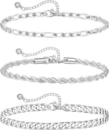 Plus Size Ankle Bracelets for Women - Extra Large 10"+2" Adjustable Anklet 14K Real Gold Plated Anklet Cuban Link, Figaro, Rope, Snake Herringbone - Summer Beach Waterproof Foot Jewelry - color: Figaro,Curb,Rope Silver