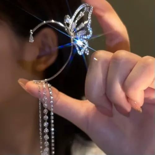 Gold Plated Zircon Butterfly Ear Cuff Clip Non Piercing Wrap Jewelry Earring New-Right-Silver Tassel(1pc) - color: Right-silver Tassel(1pc)