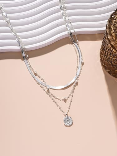 Necklaces 14K Silver Plated Three-Layer Set Shiny Ball Small Chain Circle Pendant Opulent Jewelry Lobster Clasp Adjustable Extende - style: 14K Silver 3-Layered+Bead Chain+Snake Chain