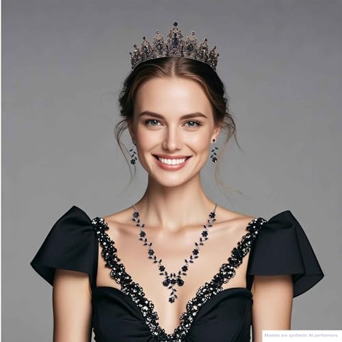 Kamirola Tiaras and Crowns for Women,Tiaras Earrings Necklace, Crystal Bridal Jewelry Set, Costume Party Halloween Prom Pageant Jewelry for Women(TR45) - color: Black