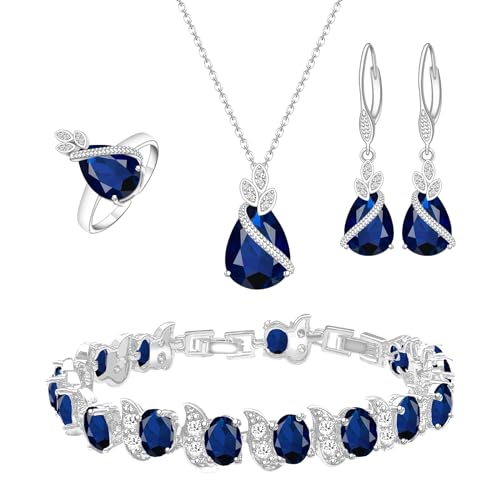 GZWHD Jewelry Set for Women CZ Earrings Necklace Ring Bracelet Set Prom Party Wedding Jewelry Gift for Mother Friend Wife - color: A-Blue