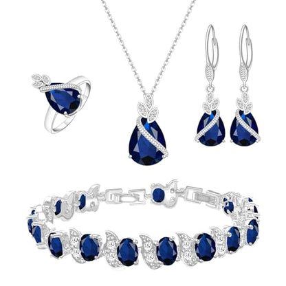 GZWHD Jewelry Set for Women CZ Earrings Necklace Ring Bracelet Set Prom Party Wedding Jewelry Gift for Mother Friend Wife - color: A-Blue