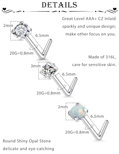 15 Pcs 18G 20G Surgical Steel Nose Rings Studs for Women Opal Nose Rings Diamond CZ Nose Studs L Shaped Nose Nostril Piercing Jewelry Hypoallergenic - style: 20G,L Shaped