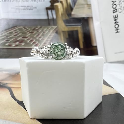 Moss Agate Ring for Women Silver Vintage Open Adjustable Green Gemstone | Natural Moss Agate Stone; Unique Green Gemstone Pattern; Vintage Silver Rings Design; Open Adjustable Fit