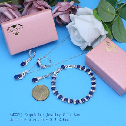 LMXXVJ Jewelry Set for Women,Teardrop Cubic Zirconia Necklace Earrings Adjustable Ring Bracelet Jewelry Set Formal Jewelry Gift - color: MHSD-White Gold-Blue