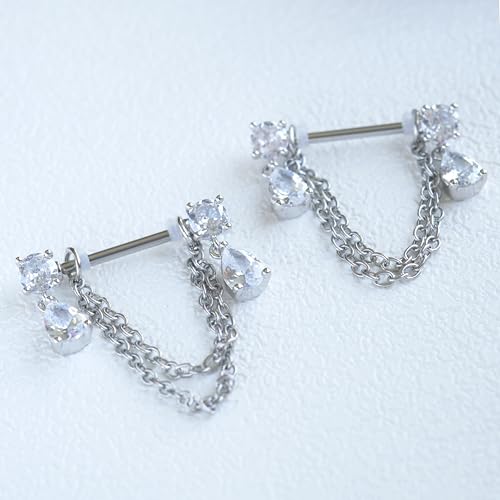Dangle Chain Nipple Piercing Jewelry, CZ Gemstone Nipple Rings Surgical Steel for Women and Men, Silver Nipple Shields Barbell Rings, 14 Gauge A Pair