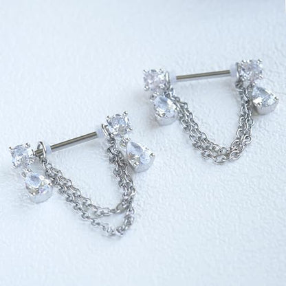 Dangle Chain Nipple Piercing Jewelry, CZ Gemstone Nipple Rings Surgical Steel for Women and Men, Silver Nipple Shields Barbell Rings, 14 Gauge A Pair