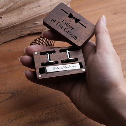 Father of the Bride Gift Set, Wooden Box with Cufflinks and Tie Clip, Bow Tie Design, Wedding Keepsake - color: C2