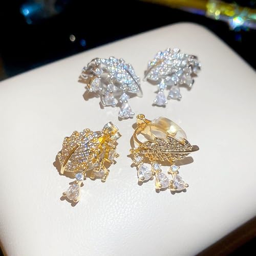 Crystal Leaf Tassel Teardrop Clip on Earrings for Women 14k Gold Plated Shiny Rhinestone Feather Shaped Dangle Drop Non-Piercing Earring Elegant Wedding Prom Anniversary Party Jewelry Gifts - color: Gold