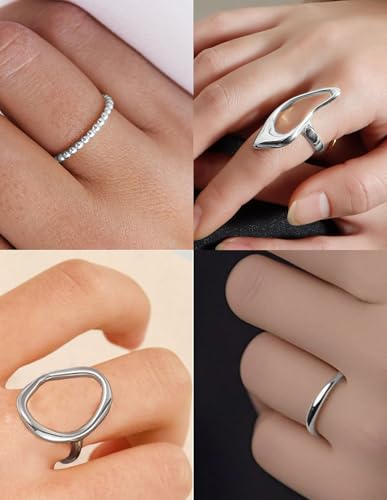 Fxiqini 12Pcs Gold Stackable Rings 18K Gold Plated Chunky Knuckle Finger Ring Geometric Bead Cloud Wave Flower Hollow Statement Bands Signet Open Rings for Women Adjustable Size 4-9 - color: B-Sliver