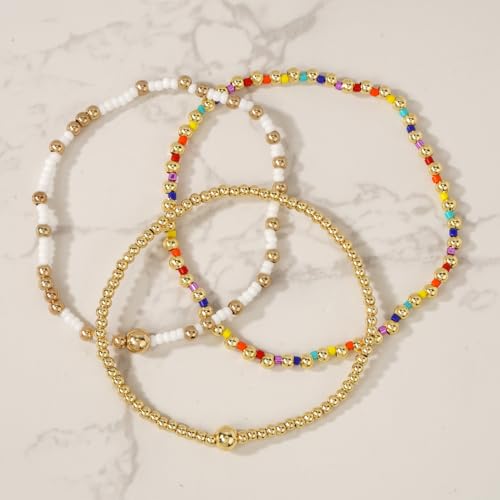 Dainty Gold Plated Tiny Ball Colorful Beaded Stack Bracelets Sets for Women,3Pcs Stackable Cute Bracelet Stretch Trendy Ball Jewelry Friendship Gift - color: Colorful