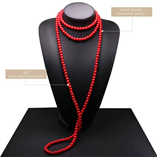 Long Pearl Necklaces for Women Cream White Faux Pearl Strand Layered Necklace Costume Jewelry - color: Solid Red