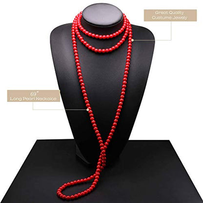 Long Pearl Necklaces for Women Cream White Faux Pearl Strand Layered Necklace Costume Jewelry - color: Solid Red