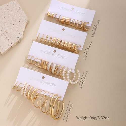 14K Gold Plated Geometric Hoop Earrings for Women Chunky Hypoallergenic Thick Lightweight Jewelry - color: Gold-24 Pairs-A