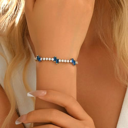 18K Gold Plated Cubic Zirconia Tennis Bracelet for Women Sparkling Stackable Stainless Steel Jewelry Hypoallergenic Tarnish Resistant Bridal Gift - color: Dark Blue Baguette CZ-Gold