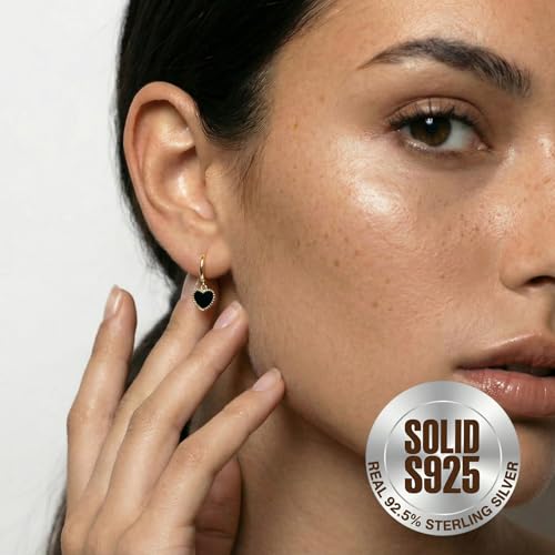 SLUYNZ Solid 925 Sterling Silver Black Heart Hoop Earrings for Women Teens Love Heart Hoop Earrings Huggie - color: B-18K Gold Plated