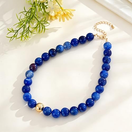 Colorful Chunky Beaded Necklaces for Women Multicolor Large Round Resin Beads Collar Necklace Boho Trendy Statement Chokers Y2K Summer Beach Jewelry - color: Deep Blue