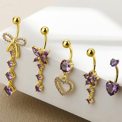 BSJ4U Belly Button Ring Dangle Navel Belly Piercing Jewelry Cute Pink CZ Heart Butterfly Bow Flower Navel Belly Rings for Women 14G Silver Stainless Steel Dainty Dangly Dangling Belly Button Piercing - color: Gold Plated Purple CZ Belly Button Rings