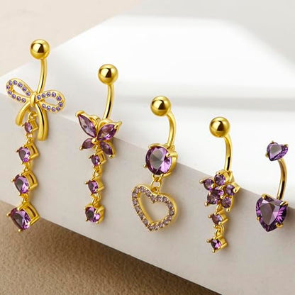 BSJ4U Belly Button Ring Dangle Navel Belly Piercing Jewelry Cute Pink CZ Heart Butterfly Bow Flower Navel Belly Rings for Women 14G Silver Stainless Steel Dainty Dangly Dangling Belly Button Piercing - color: Gold Plated Purple CZ Belly Button Rings