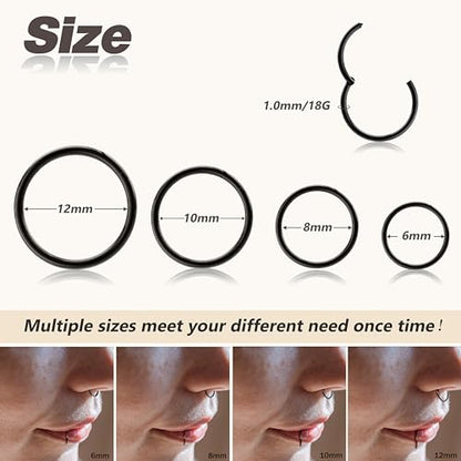 4/5/8 pcs 16G/18G/20G 316L Surgical Steel Hinged Nose Rings Hoops Lip Septum Rings Helix Conch Rook Cartilage Tragus Earrings Piercing Jewelry Black Silver Gold Plated Nose Rings Women Men - color: Black - 18G (6mm-12mm) - 8PCs