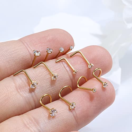 8PCS Titanium Nose Rings Stud, Gold Nose Ring for Women Men Hypoallergenic Nostril Hoops L Shape Nose Studs Corkscrew CZ Nose Piercing Jewelry Silver 18G & 20G Nose Ring Studs 2/2.5/3mm - style: Gold-12-three shape