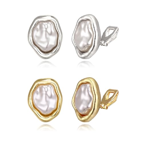 FANZE 2 Pairs Matte Gold Sliver Clip on Earrings for Women No Piercing | No Piercing Button Earring Comfortable Fashion Jewelry Gift - color: Set-12