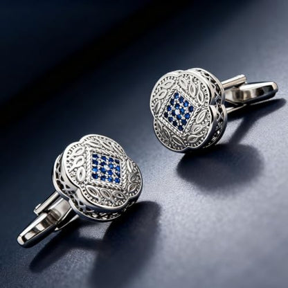 Men's Cufflink Set, Silver with Blue Zircon, Comes with a Gift Box, Can be Used as Accessories and Gifts. Add Color to your Clothes.