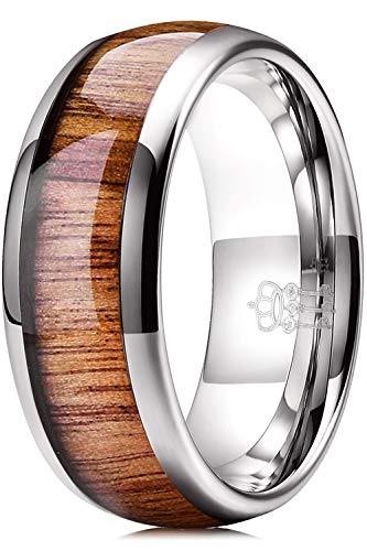 THREE KEYS JEWELRY Tungsten Wedding Band Koa wood Inlay Black Domed | 4mm, 6mm, 8mm, Everyday Wear, Black, Domed, Koa wood inlay - color: Silver 8mm