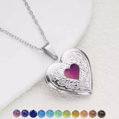 XAM Temperature‑Sensitive Color‑Changing Heart Locket Necklace, Engraved Floral Photo Locket Pendant, Dainty Romantic Jewelry Gift