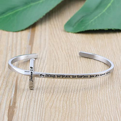 𝐂𝐫𝐨𝐬𝐬 𝐁𝐫𝐚𝐜𝐞𝐥𝐞𝐭 Religious Cuff Bangle 𝐁𝐢𝐛𝐥𝐞 𝐕𝐞𝐫𝐬𝐞 Christian Gifts Jewelry for 𝐖𝐨𝐦𝐞𝐧 - style: Silver cuff-Be strong ,Be brave ,Be fearless.you are never alone -Joshua 1:9