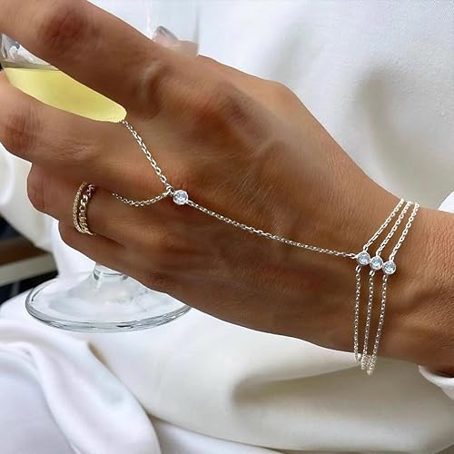 925 Sterling Silver Hand Chain Bracelet for Women | 14k Gold Plated CZ Crystal Heart Starburst Ring Bracelets Hand Chain Diamond Layered Stackable Link Chain Beach Jewelry Gifts - color: Silver