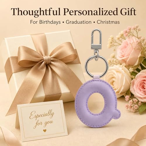 Initial Letter Keychain,Stainless Steel,Colorful Faux Leather Keyring for Backpack,Purse,Car Keys,Gift for Men Women - color: Q