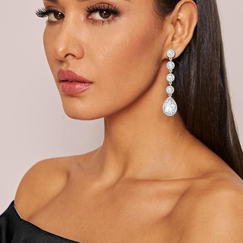 EleQueen Women's Wedding Crystal Teardrop Pear Shape 3 Inch Clip on Long Dangle Earrings for Bride Bridesmaid, Jewelry for Party Prom/Anniversary - color: White Silver-Tone