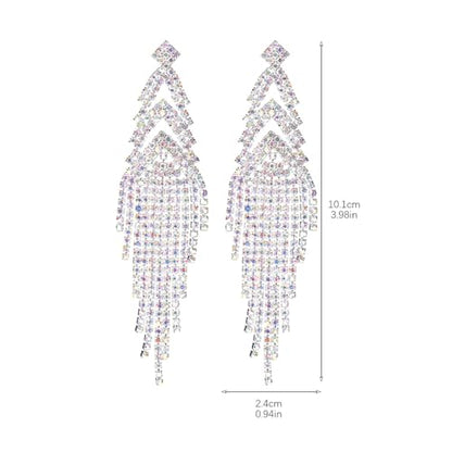 Rhinestone Tassel Earrings Sparkly Long Fringe Crystal Chandelier Dangle Drop Earrings Wedding Party Prom Earrings Premium Iridescent Earrings Wedding Party Jewelry Gifts for Women - color: Silver5