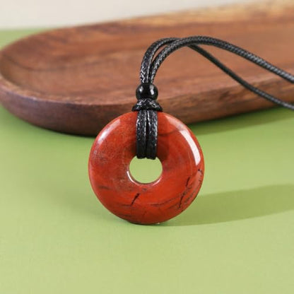 FANASY Natural Gemstone Pendant Necklce Lucky Coin Crystal Necklace Protection Donut Pendnat with Adjustable Rope for Men Women - color: Red Jasper