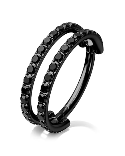 Nose Ring Hoop, 316L Stainless Steel Double Nose Rings, 20G Nose Piercing Jewelry for Women, Clear CZ Helix Cartilage Septum Nose Hoops - color: Black-7mm